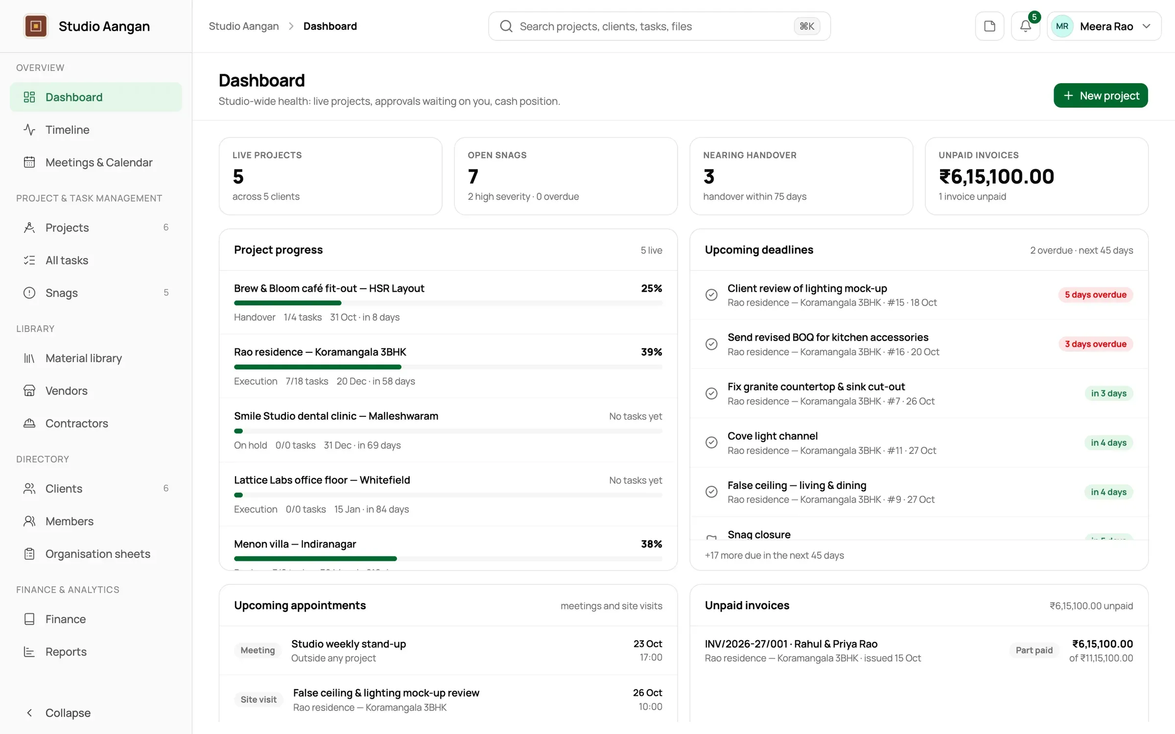 The dashboard with upcoming deadlines and project progress