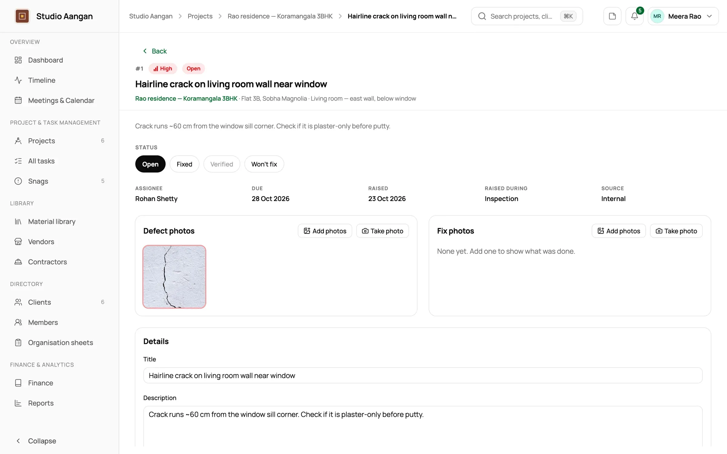 A project's snags list with photos, severity and status