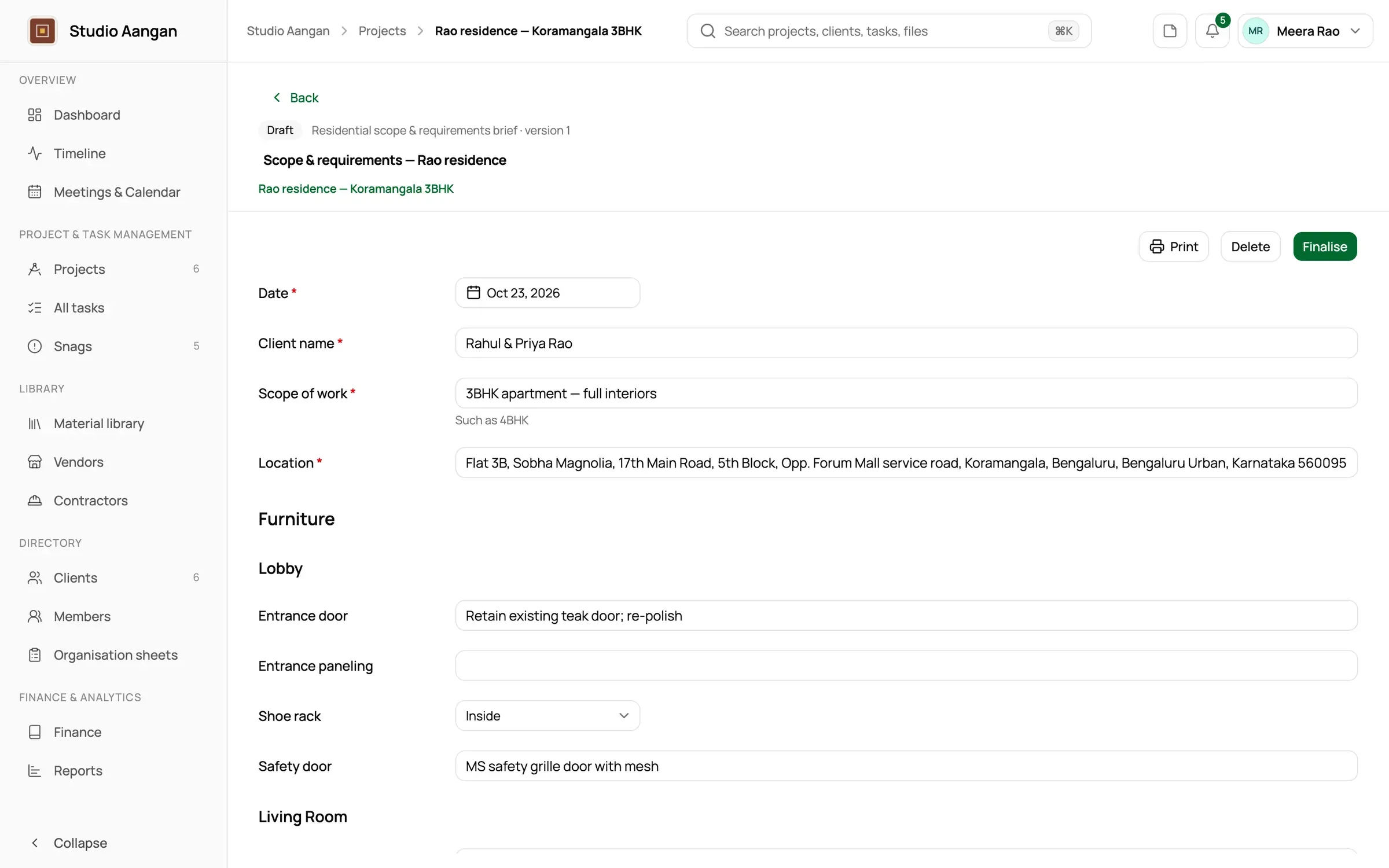 A scope and requirements sheet being filled in on a project